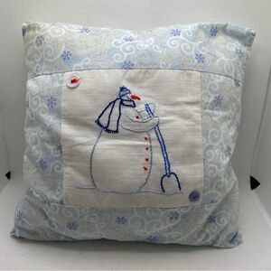 Handmade Snowman Embroidered Holiday Pillow - Blue and White